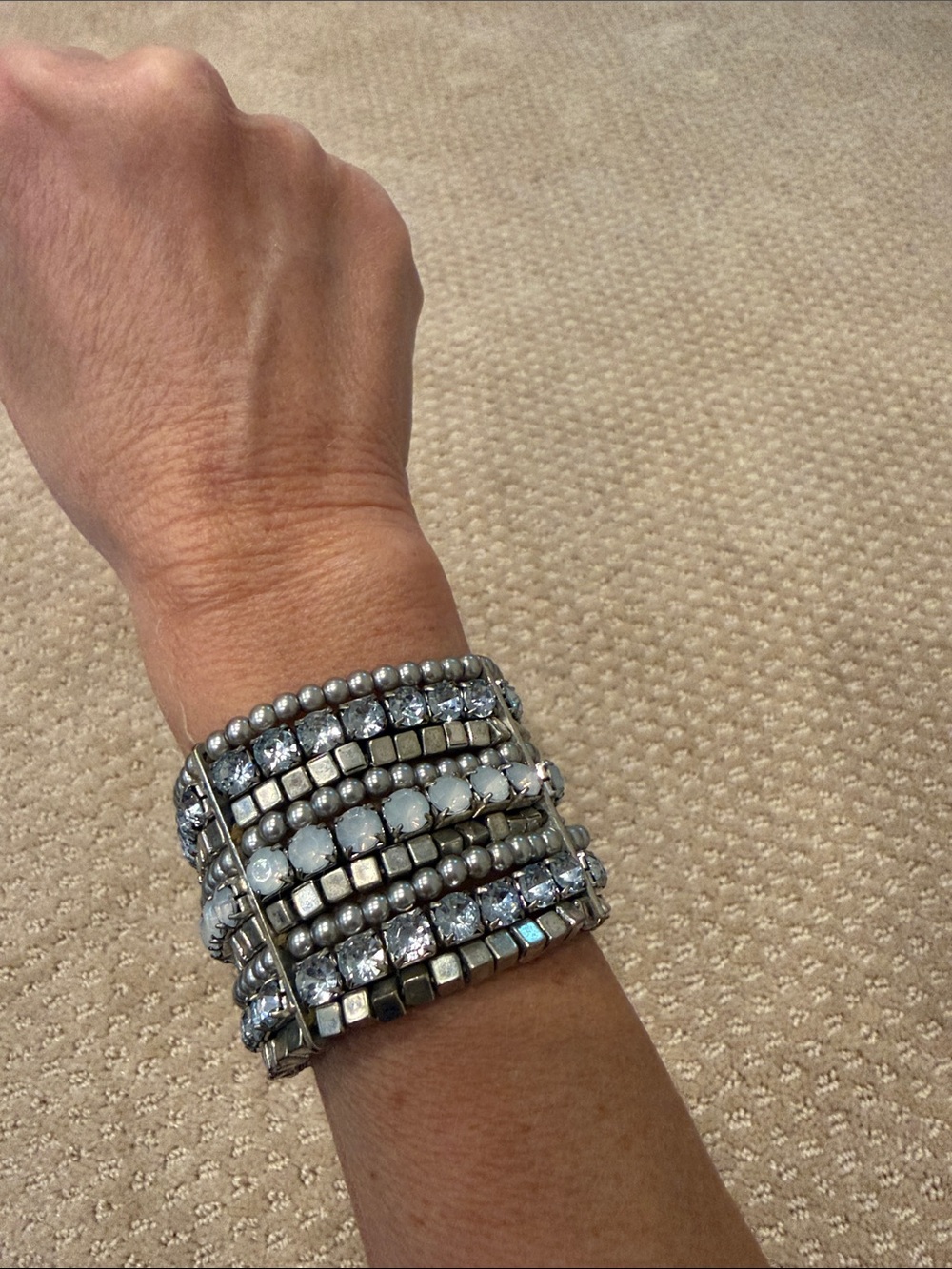 Multi-Row Crystal and Opal Bead Stretch Bracelet - Silver-Tone
